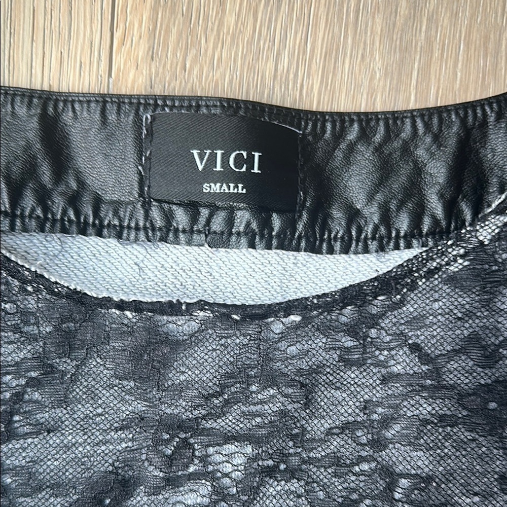 Vici Black and Gray Lace Top with Leather Accents - Picture 2 of 5